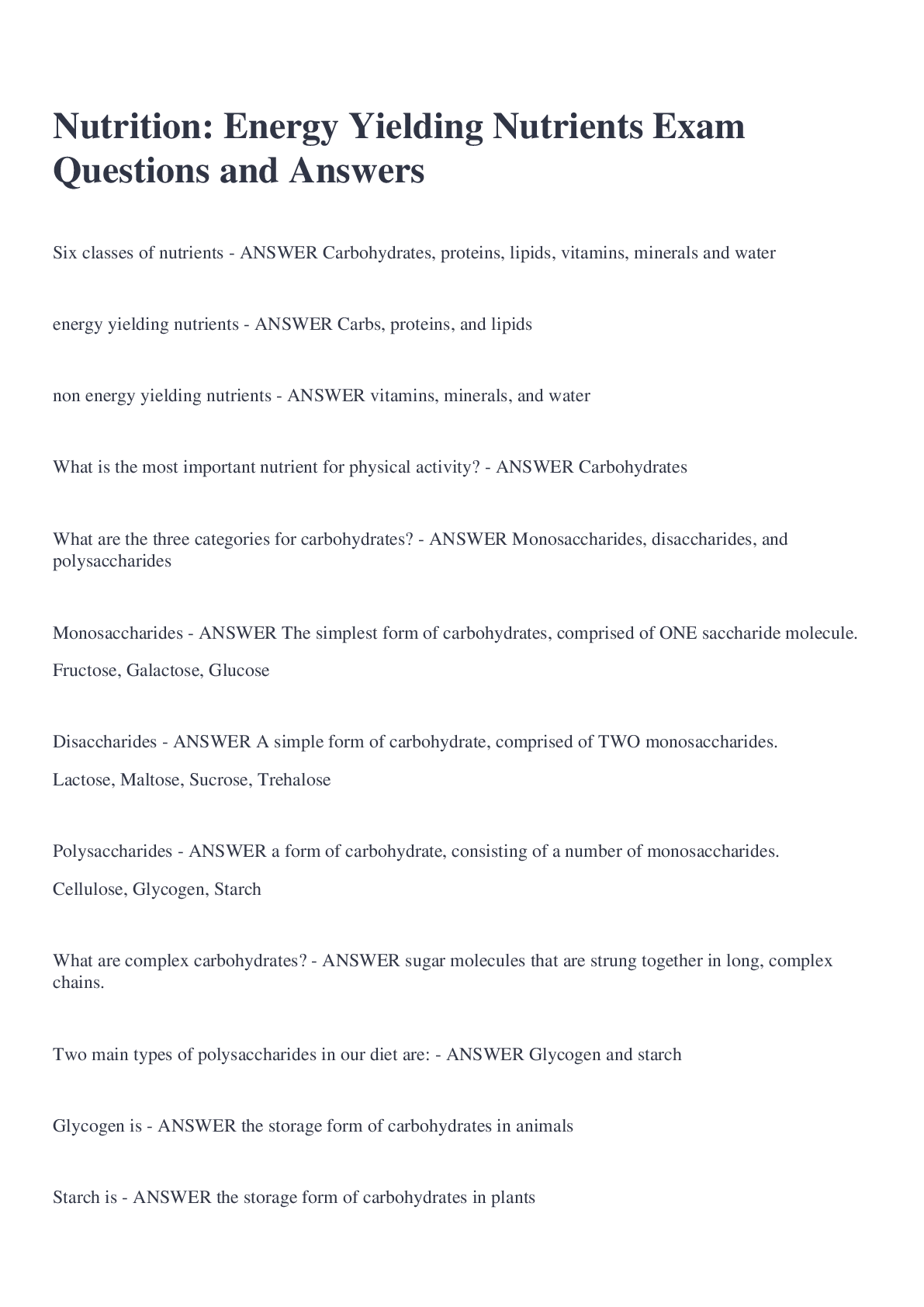 Preview image for Nutrition: Energy Yielding Nutrients Exam Questions and Answers